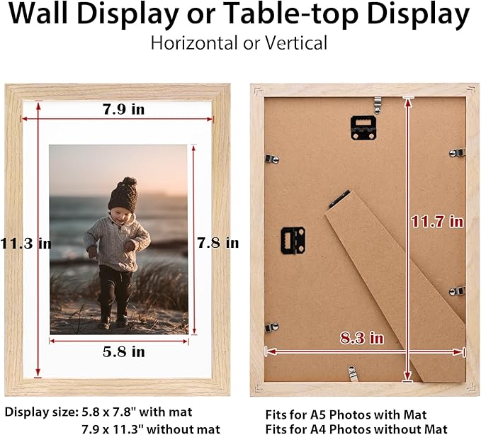 KINLINK A4 Picture Frame Natural, Solid Wood Frames with Acrylic Plexiglass for Pictures A5 with Mat or A4 without Mat, Tabletop and Wall Display Photo Frame, Set of 4