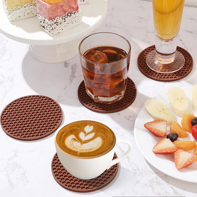 Silicone Coaster Set of 8 with Holder, Drinks Coasters, Beer & Coffee, Anti-Slip, Non-Stick, Anti-Overflow Tabletop Protection and Decor (8 Pcs, Brown)