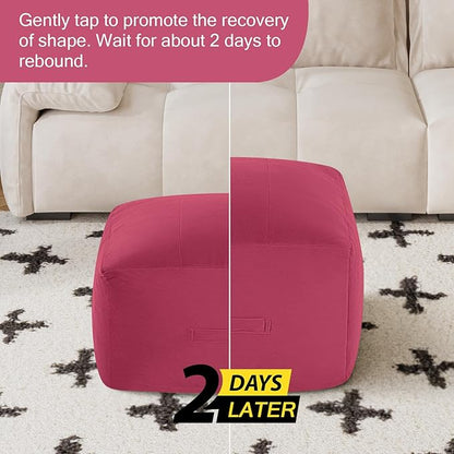 MeMoreCool Square Stuffed Pouf Ottoman Foot Rest, Floor Pouf Foot Stool with Foam Chunk Filling, Soft Stuffed Ottoman Footrest for Living Room, Magenta