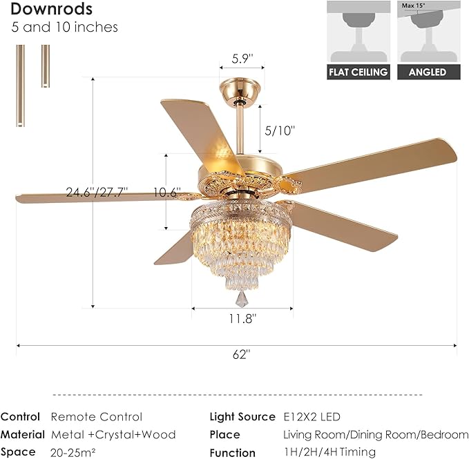 Asyko Crystal Ceiling Fan Fandelier with Lights - 62" Modern Outdoor Fans with Remote Control，Noiseless DC Motor, Retro/Farmhouse Lighting, Dining Room,Living Room (Gold