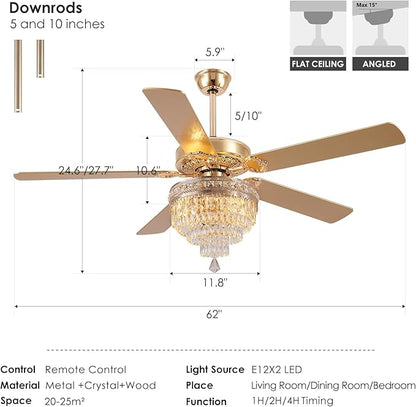 Asyko Crystal Ceiling Fan Fandelier with Lights - 62" Modern Outdoor Fans with Remote Control，Noiseless DC Motor, Retro/Farmhouse Lighting, Dining Room,Living Room (Gold