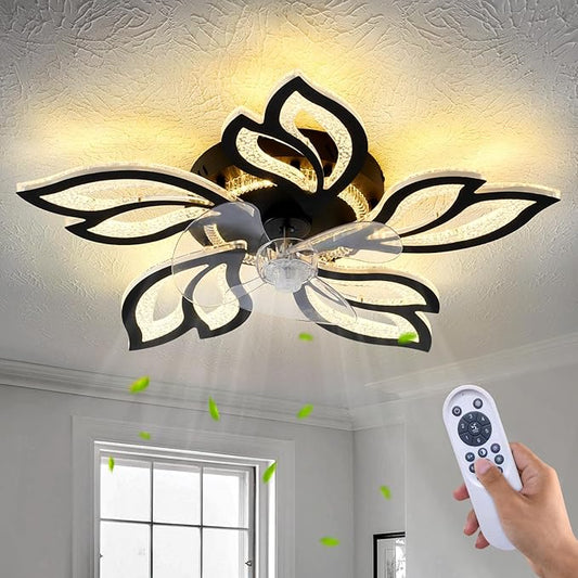 25" Black Geometric Ceiling Fan with Lights and Remote Control, 3 Light Color 6 Speeds Flush Mount Low Profile Ceiling Fan for Bedroom Kitchen