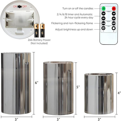 5plots Flameless Battery Operated Candles Set of 3, Gray LED Candles with Remote Timer, Real Wax Glass Pillar Candles Warm Flickering Light for Indoor Home, Halloween, Christmas Decor D3 x H4 5" 6"