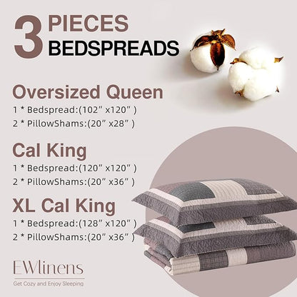 EWlinens 100% Cotton 120"x128" Oversized California King Bedspread, Farmhouse Extra Large Quilts King Size, All Season Patchwork Plaid Striped Quilt Bedding Set, 3pcs, Chocolate Malt/Brown/Black/Beige
