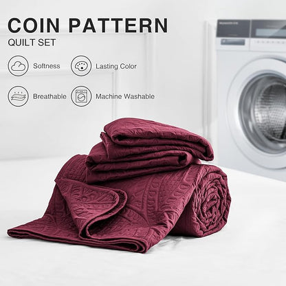 Love's cabin California King Size Quilt Bedding Set Burgundy Bedspreads - Cal King Lightweight Bedspread Comforter - Coin Pattern Coverlet for All Season - 3 Pieces (1 Quilt, 2 Pillow Shams)