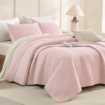 Sanracie Cotton Quilt Set King Size(110"x98"), Light Pink Ultra Soft Stonewashed Crinkle Quilt Bedspread Set 3Pcs Cross Stitch Pattern Lightweight Breathable Bed Coverlet Set for All Season