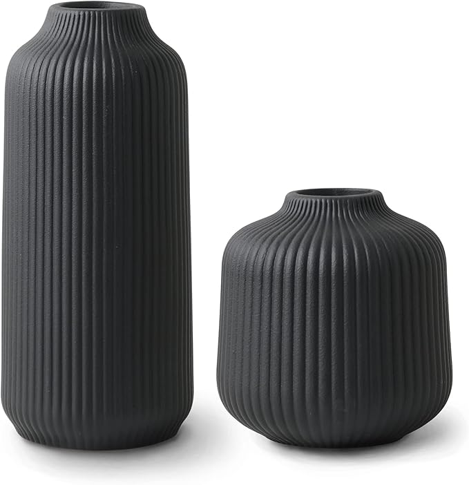 Ceramic Vases in Nordic Style, Modern Vase Deco for Pampas Grass, Boho Deco for Windowsill, Vases Set in Black Matt, Flower Vase as Home Decoration for Fresh Flowers, Dried Flowers, Set of 2