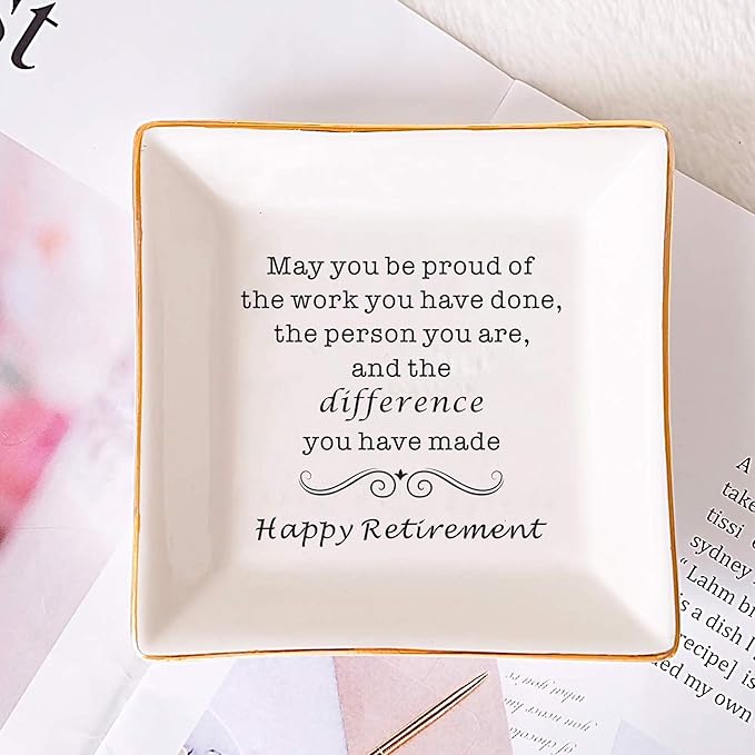 SUNBMO Retirement Gifts for Women, Retirement Appreciation Gift for Mom Boss Co-workers, Teachers, Nurse, Friends, Wife, Sister, Happy Retirement Ceramic Jewelry Trinket Dish