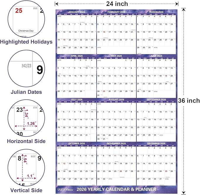 24" x 36" 2026 Wall Calendar Dry Erase - Folded Large Starry Sky Wall Calendar 2026, Wet & Dry Erasable, Laminated 12-Month Annual Yearly Planner, Reversible, Horizontal/Vertical, Purple