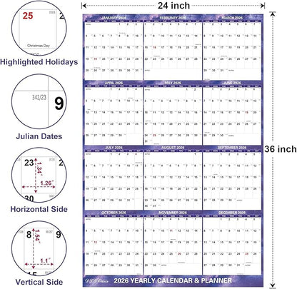 24" x 36" 2026 Wall Calendar Dry Erase - Folded Large Starry Sky Wall Calendar 2026, Wet & Dry Erasable, Laminated 12-Month Annual Yearly Planner, Reversible, Horizontal/Vertical, Purple