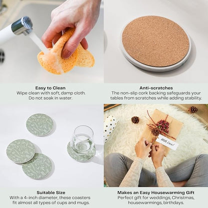 Set of 6 Floral Sage Green Coasters with Holder, Absorbent Ceramic Drink Coasters with Cork Backing for Table Protection, Coffee Table Décor