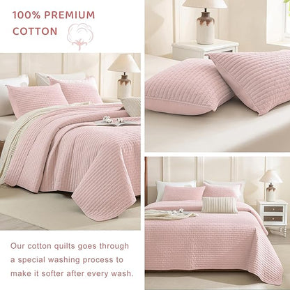 Sanracie Cotton Quilt Set King Size(110"x98"), Light Pink Ultra Soft Stonewashed Crinkle Quilt Bedspread Set 3Pcs Cross Stitch Pattern Lightweight Breathable Bed Coverlet Set for All Season