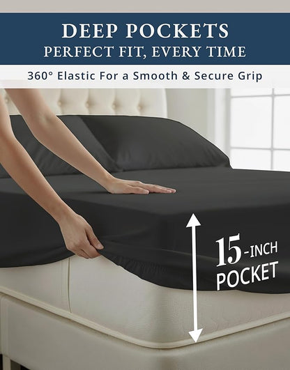 100% Egyptian Cotton Bed Sheets King Size – Silky Sateen Weave for Warm Winter Comfort, 15" Deep Pocket King Sheets, Naturally Breathable, Ultra-Soft Durable Hotel-Quality Luxury Bedding - Black