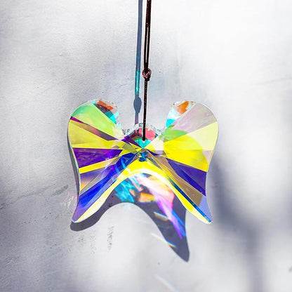 Window Hanging Crystal Angel Wing Prism Suncatcher AB Coating Ornament, Glass Angel Wing Sun Catchers Rainbow,Prism Crystals for Indoor Outdoor Garden Christmas Decor(76mm)