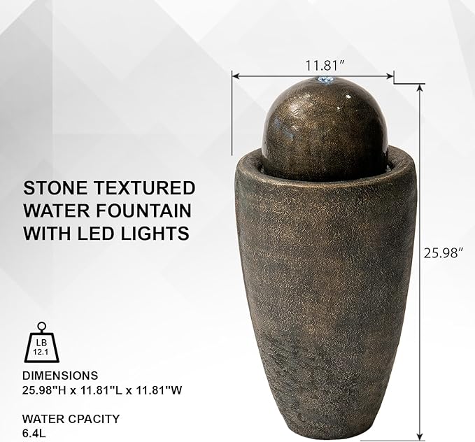 XBrand 26" Modern Sphere Water Fountain with LED Light – Indoor Outdoor Stone Texture Floor Fountain, Zen Bubbling Ball Water Feature for Garden Patio Porch - Bronze