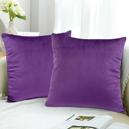 RELY+ Pack of 2 Throw Pillow Covers 16x16 Inch Velvet Soft Cozy Solid Decoration Gifts Pillow Covers Luxury Cushion Case for Sofa Couch Bedroom Living Room (Purple, 18 X 18)
