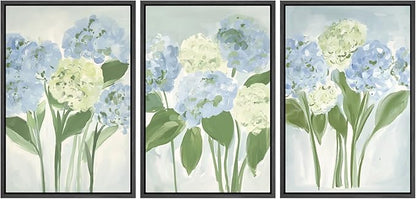 MUDECOR Framed Wall Art Print Set Blue Hydrangea Floral Botanical with Green Leaves Illustrations Modern Art Boho Decorative Colorful Chic for Living Room, Bedroom, Office - 24"x36"x3 Black