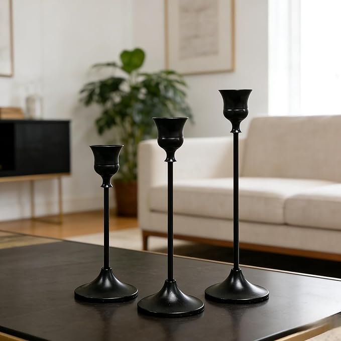 4 Sets(12 Pcs) Candle Stick Holders，Black Metal Taper Candle Holders, Vintage Modern Decorative Centerpiece Candlestick Holders for Table Mantel Wedding Housewarming Gift