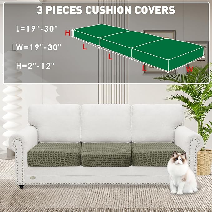 MAXIJIN Couch Cushion Covers for Sectional Sofa, Stretch Sofa Cushion Cover Washable Furniture Protector with Elastic Bottom & Non-Slip Strap for Pets Kids (3PC Seat Cover, Army Green)