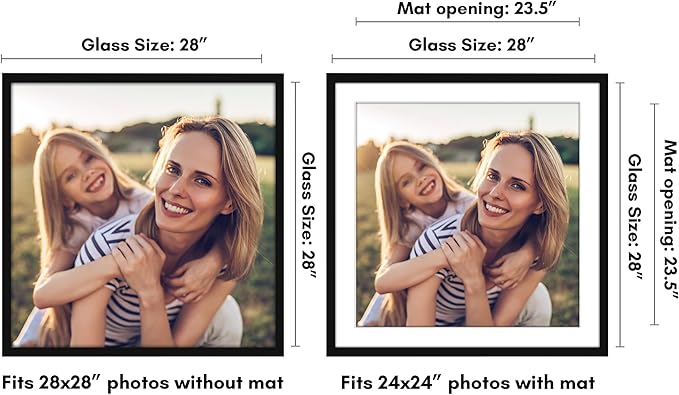 Americanflat 28x28 Picture Frame with Polished Plexiglass - Use as 24x24 Frame with Mat or Display 28x28 Photo Without Mat - Streamline Collection - Thin Border Square Frames for Wall Display - Black