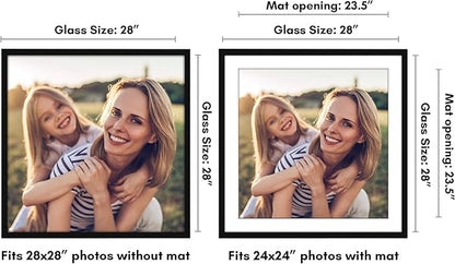 Americanflat 28x28 Picture Frame with Polished Plexiglass - Use as 24x24 Frame with Mat or Display 28x28 Photo Without Mat - Streamline Collection - Thin Border Square Frames for Wall Display - Black