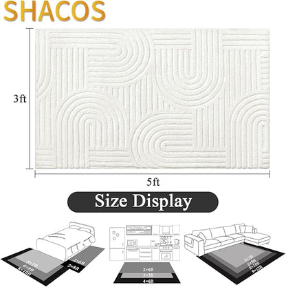 SHACOS Soft Cozy Fluffy Arch Pattern High Low Pile Area Rugs 3'x5' Non Slip Washable Scandinavian Minimalist Rug Modern Geometric Arc Carpet for Living Room Bedroom Dining Room, Cream White