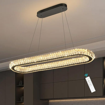 LED Ring Chandelier Oval Rings Pendant Lights for Dining Table Kitchen Island Remote Dimmable Hanging Light Chandeliers for Entryway Living Room Crystal Lighting Black
