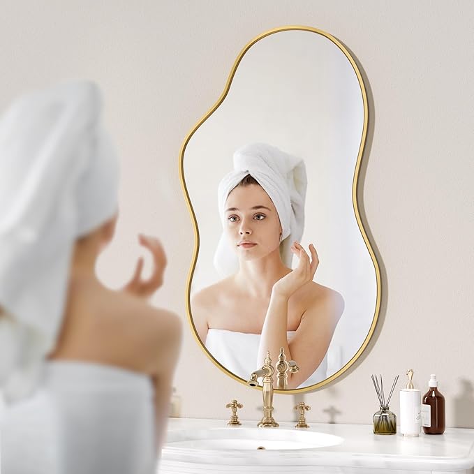 Hasipu Irregular Wall Mirror - 35"x24" Asymmetrical Mirror, Modern Decorative Mirrors for Living Room, Entryway, Hallway, Bathroom, Bedroom,Wall Mounted Home Decor (Gold)