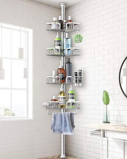 Corner Shower Caddy Tension Pole 4 Tier Adjustable Stainless Steel Shower Shelf for Inside Shower Bathtub Shampoo,Standing Bathroom Organizer Shelves with 39 to 113 inch Height