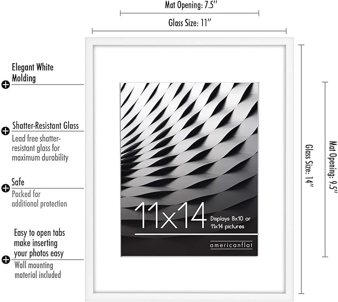 Americanflat 11x14 Picture Frame with Shatter-Resistant Glass - Use as 8x10 Frame with Mat or Display 11x14 Photo Without Mat - Streamline Collection - Thin Border Picture Frames for Wall - White