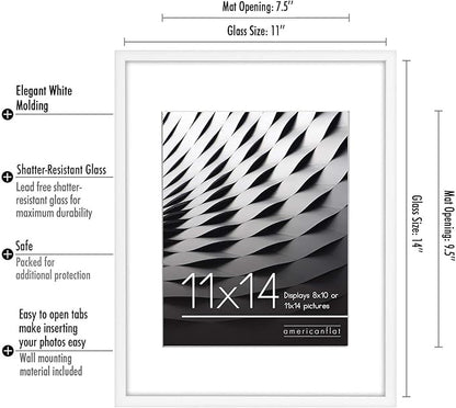 Americanflat 11x14 Picture Frame with Shatter-Resistant Glass - Use as 8x10 Frame with Mat or Display 11x14 Photo Without Mat - Streamline Collection - Thin Border Picture Frames for Wall - White