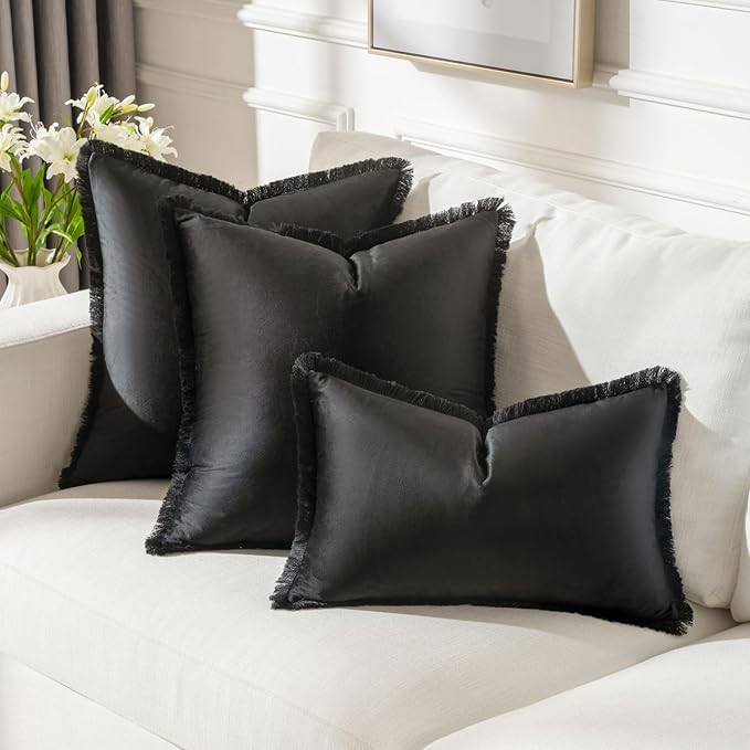 FUTEI Black Velvet Decorative Throw Pillow Covers 26x26 Set of 2,Soft Cozy Edge with Tassels Euro Pillow Shams,Boho Modern Home Decor for Couch Bed Living Room