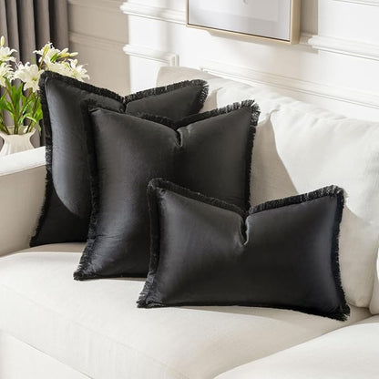 FUTEI Black Velvet Decorative Throw Pillow Covers 16x16 Set of 2,Soft Cozy Edge with Tassels Cushion Case,Boho Modern Home Decor for Couch Bed Living Room