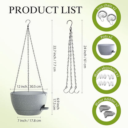 12 Inch Hanging Baskets 2 PC with Chains, Self-Watering Hanging Planters for Indoor Outdoor Plants, Plastic Hanging Flower Pots,Speckled Grey