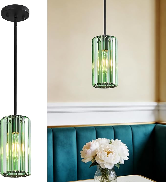 Modern Crystal Pendant Light Mini Light Green Chandeliers Adjustable Pendant Lights Fixture for Kitchen Island Dinning Room Corridor Bedroom(Light Green 1-Pack)