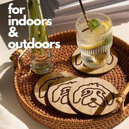 Set of 6 Bamboo Laser-Engraved Fun Dog Coasters with Iron Holder - Gift Packaging 3.9 Inch Non-Stick Absorbent Durable and Unbreakable Wooden Cup Coasters for Dog Lovers (Doodle)
