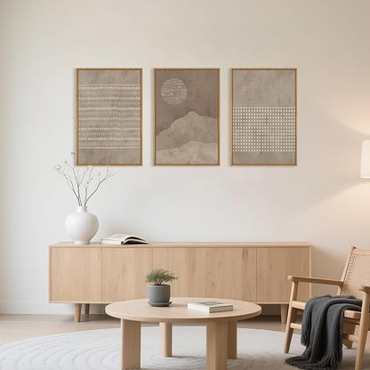 Large Mid Century Tan and Beige Framed Canvas Wall Art,Neutral Lines Dots Wall Decor,Abstract Sunset and Mountain Artwork,Boho Textured Shapes Art Print for Living Room,Bedroom,Office-24"x36"x3