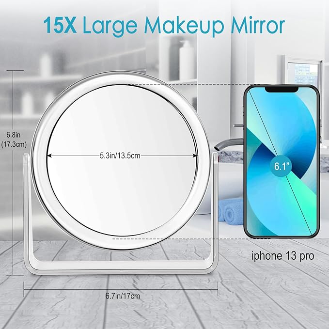 15X Vanity Mirror Makeup Mirror,1X/15X Magnification Double Sided Magnifying Mirror,360 Degree Swivel Desk Mirror,Portable Table Counter top Mirror for Bathroom Shaving Mirror,Gift for Women