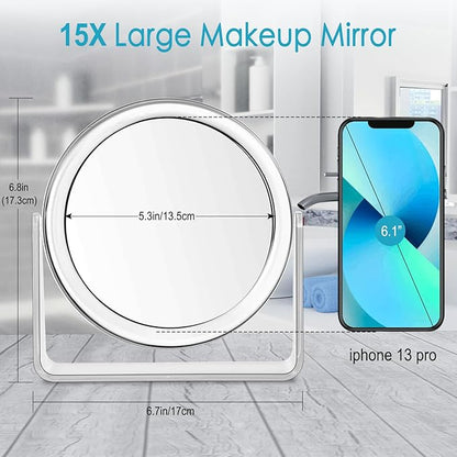 15X Vanity Mirror Makeup Mirror,1X/15X Magnification Double Sided Magnifying Mirror,360 Degree Swivel Desk Mirror,Portable Table Counter top Mirror for Bathroom Shaving Mirror,Gift for Women