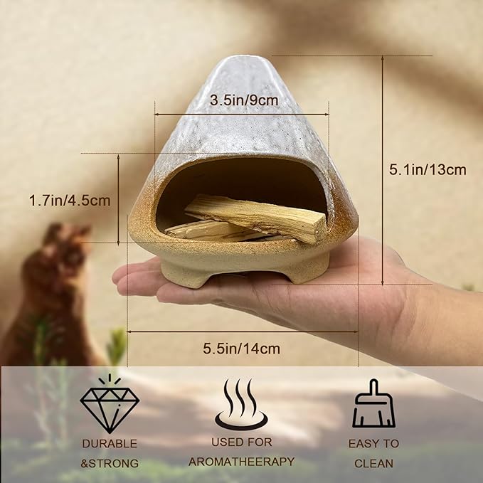 CEREMONY Palo Santo Holder -Mini Ceramic Incense Holder for Palo Santo and Sticks - White Sage Holder for Meditation Decor Ceremony Incense with Glass Gray Collector (Brown-Mount Fuji)