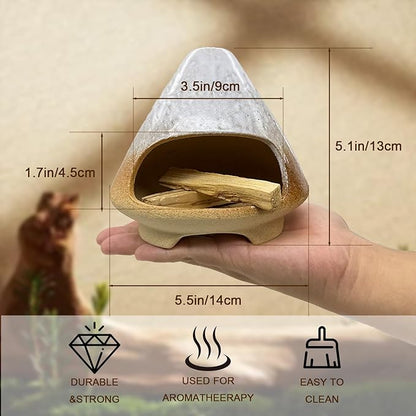 CEREMONY Palo Santo Holder -Mini Ceramic Incense Holder for Palo Santo and Sticks - White Sage Holder for Meditation Decor Ceremony Incense with Glass Gray Collector (Brown-Mount Fuji)