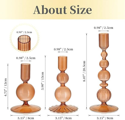 Hewory Glass Candlestick Holders Set: 3PCS Brown Candle Holder Taper Candle Holders Bulk, Crystal Ribbed Candle Sticks Holder Decor for Table Centerpiece Wedding Christmas Thanksgiving Dinner