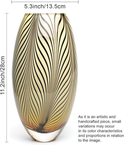 Ca D Oro Murano Style Glass Vase Amber Feather Pattern Hand Blown Art Glass for Flower, Room Decoration and Centerpiece - Model 54 MS