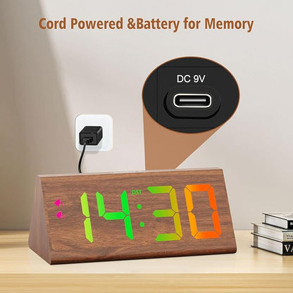 Wooden Digital Alarm Clock with Dual USB Charging Ports, DST, Dimmable, Snooze, RGB Colors, Modern Large Time Display LED Clock for Kids Bedrooms, Living Room, Desk, Table, Bedside, Nightstand (Brown)