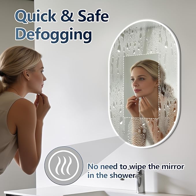 Niccy Oval LED Bathroom Vanity Mirror, 32"x20" Front lit Mirror with Light, Smart Anti-Fog Waterproof Mirror with Memory Function Dimmable Lighted Mirror