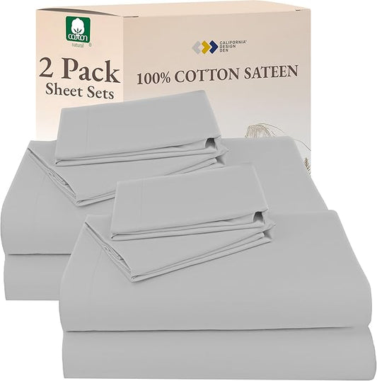 California Design Den 100% Cotton 2-Pack Queen Size Sheet Set - Soft & Durable Sateen, Deep Pocket Queen Sheets (Light Grey)