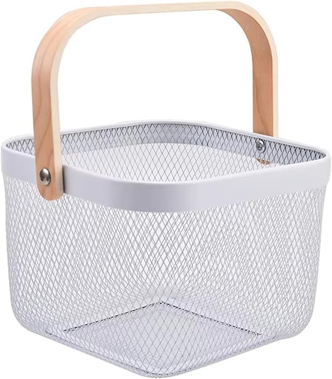 Metal Mesh Wire Basket, Small Steel Basket with Wooden Handle Storage Organizer Basket Multi-functional Hanging Kitchen Baskets Fruit Baskets for Kitchen Bathroom Cabinet Pantry Snacks, White