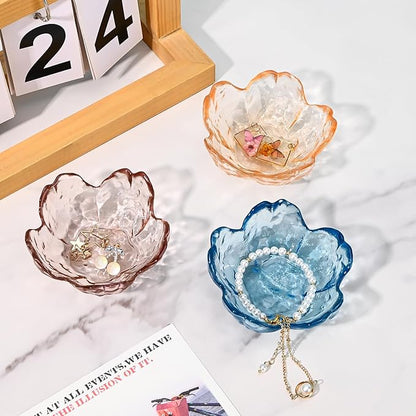 Koythin 2-Piece Glass Jewelry Tray, Mini Ring Dish for Necklace Earring Bracelet, Cute Trinket Tray for Engagement Vanity Bathroom, Crystal Floral Aesthetic Key Bowl for Women Girl Mom (Amber)