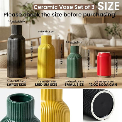 Glossy Ceramic Vase Set of 3, High-Gloss Ribbed Modern Flower Vases in Black, Green & Yellow, 5.9"/7.8"/9.8" Decorative Vases for Home Living Room Table Centerpiece