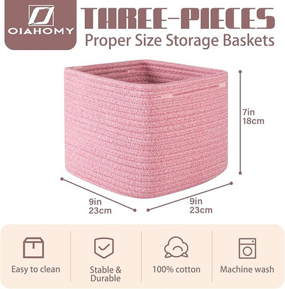 OIAHOMY 9”x9”x7” Storage Cubes, Cotton Rope Woven Baskets for Organizing, Cube Storage Bin, Small Gift Basket for Shelf, 3-Pack, Pink